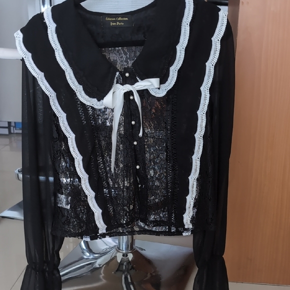 Tops - Black Lace Blouse with White Trim